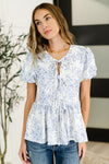 Hazel Blues® |  Dainty Lil' Thing Balloon Sleeve Blouse in Ivory/Blue
