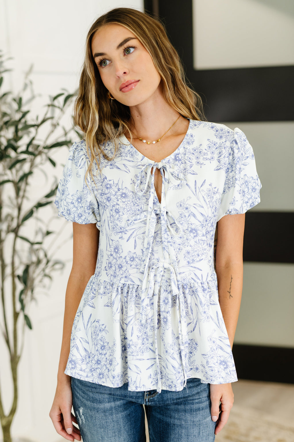 Hazel Blues® |  Dainty Lil' Thing Balloon Sleeve Blouse in Ivory/Blue