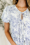 Hazel Blues® |  Dainty Lil' Thing Balloon Sleeve Blouse in Ivory/Blue