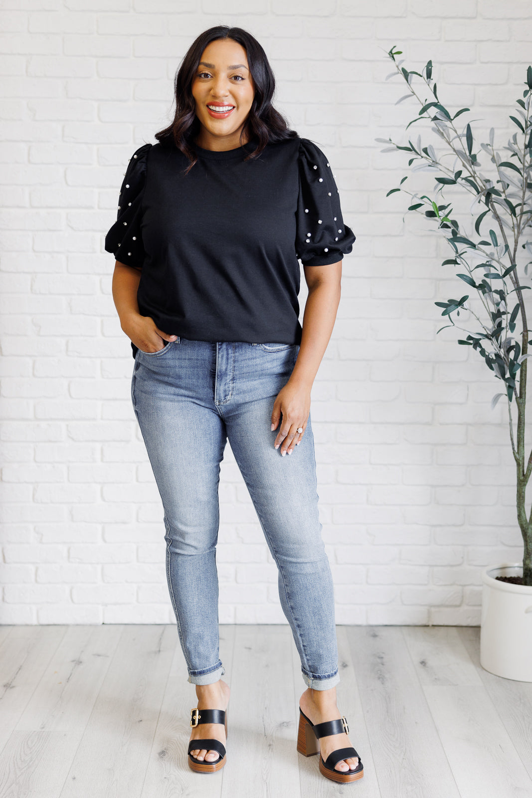 Hazel Blues® |  Diamonds and Pearls Puff Sleeve Top in Black