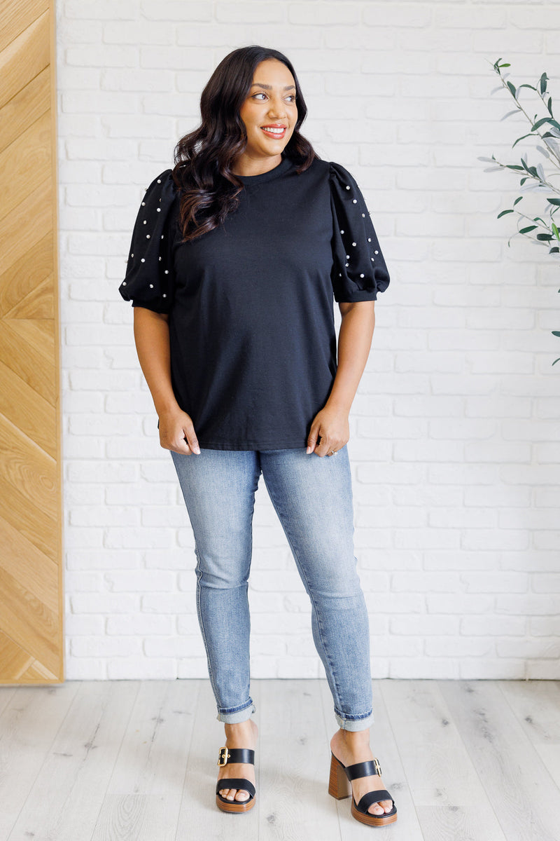 Hazel Blues® |  Diamonds and Pearls Puff Sleeve Top in Black