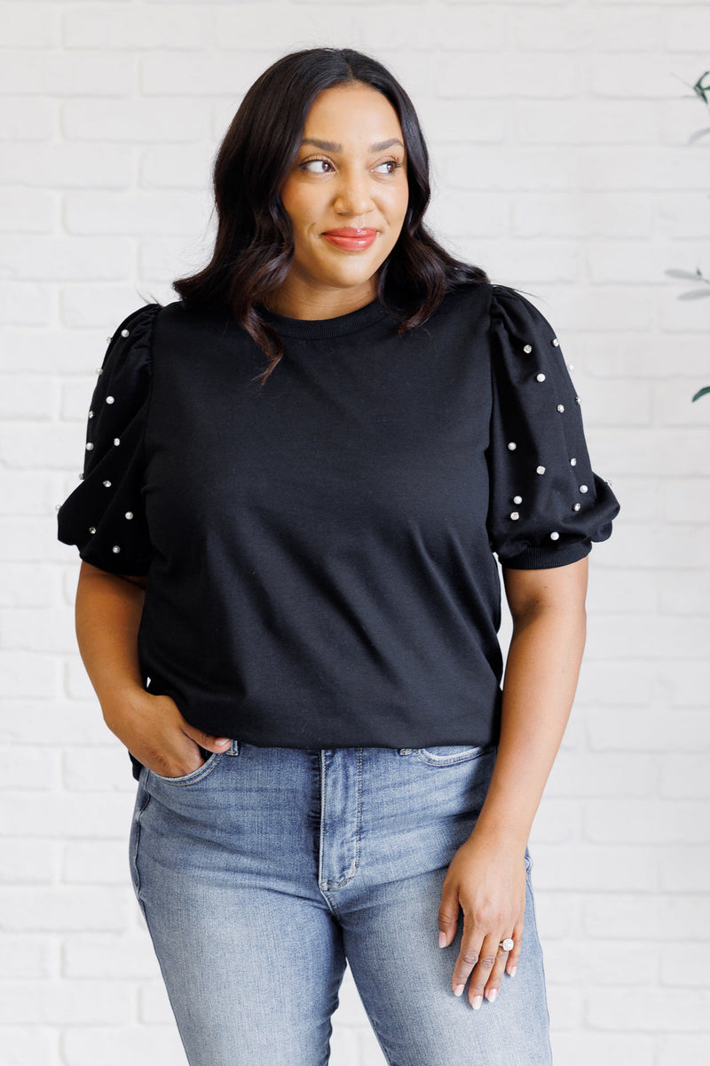 Hazel Blues® |  Diamonds and Pearls Puff Sleeve Top in Black