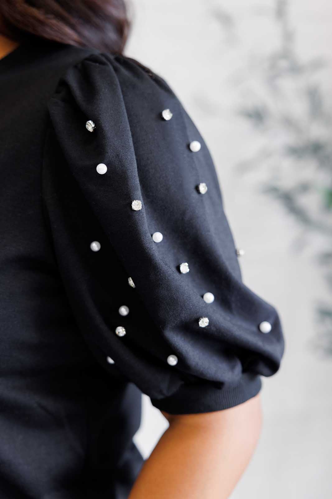 Hazel Blues® |  Diamonds and Pearls Puff Sleeve Top in Black