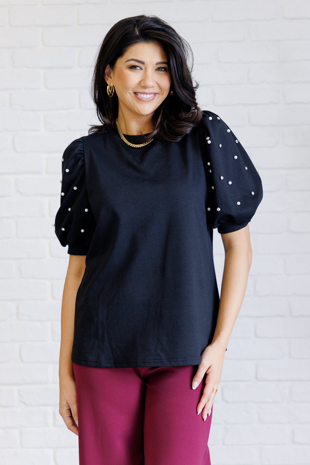 Hazel Blues® |  Diamonds and Pearls Puff Sleeve Top in Black