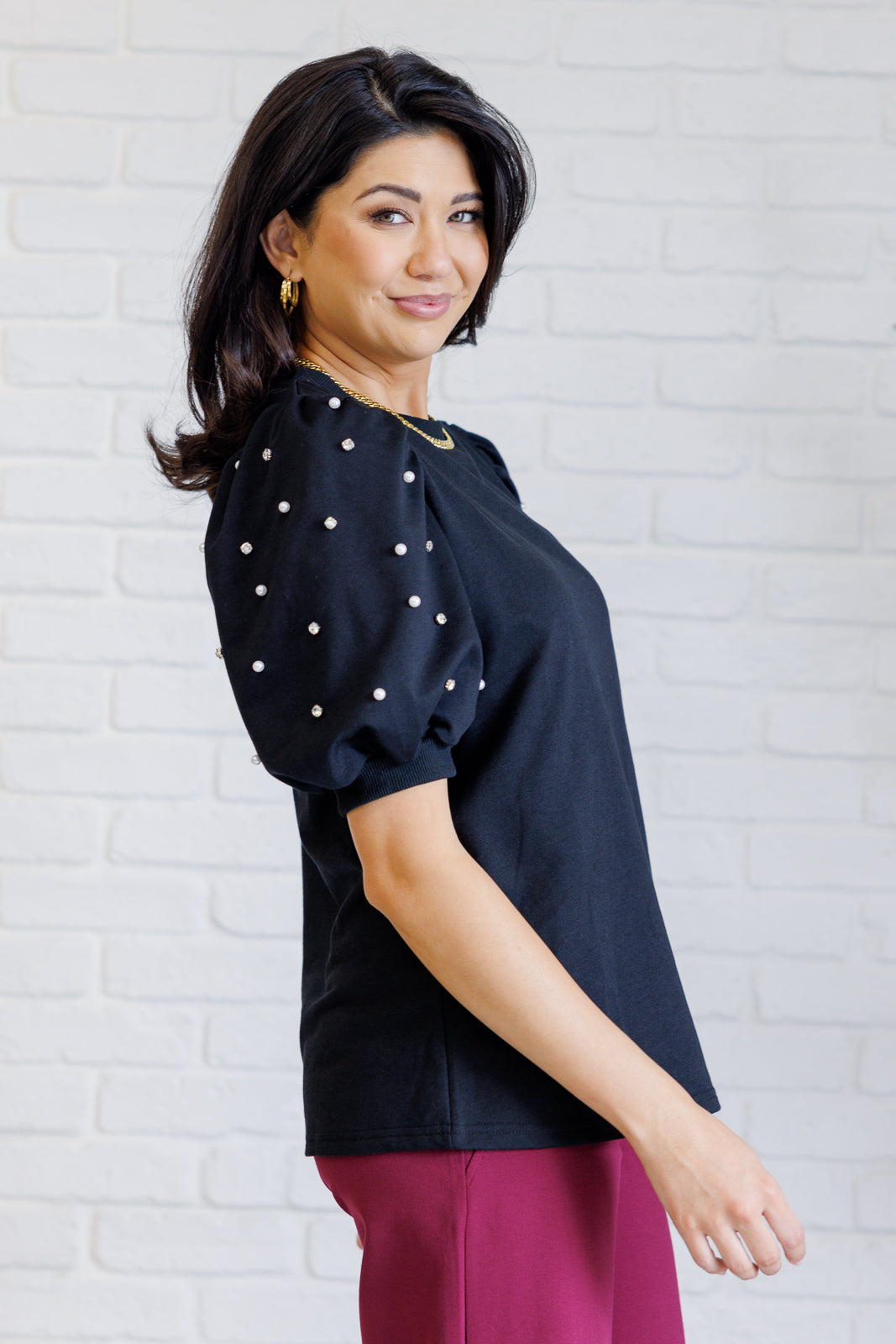 Hazel Blues® |  Diamonds and Pearls Puff Sleeve Top in Black