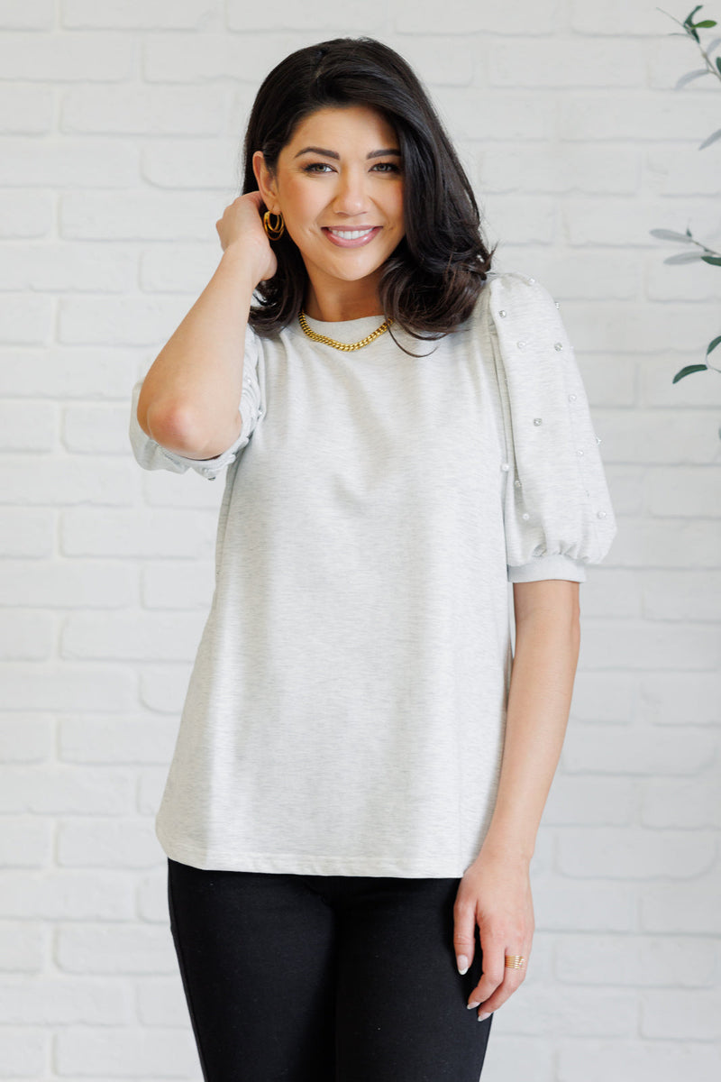 Hazel Blues® |  Diamonds and Pearls Puff Sleeve Top in Light Grey