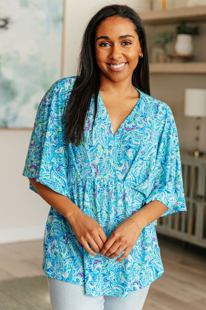 Hazel Blues® |  Dreamer Peplum Top in Blue and Teal Paisley