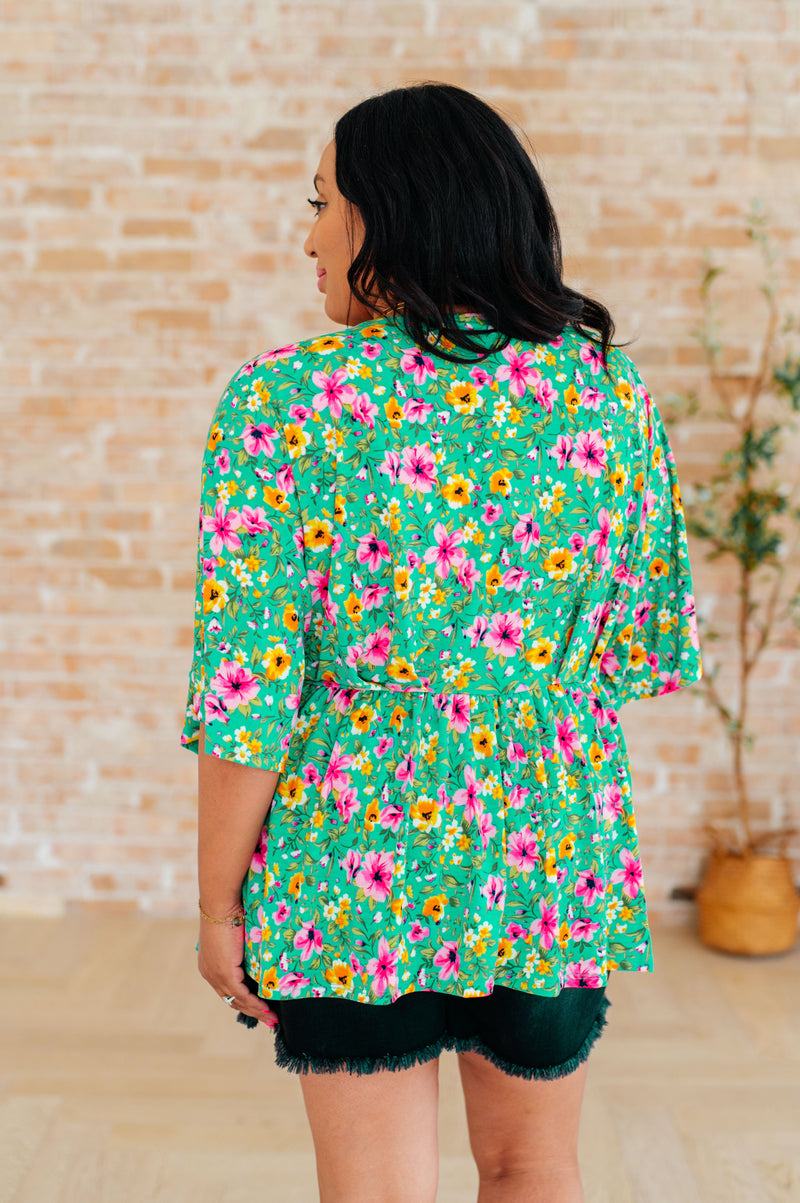 Hazel Blues® |  Dreamer Peplum Top in Emerald and Pink Floral