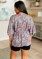 Hazel Blues® |  Dreamer Peplum Top in Grey and Pink Floral