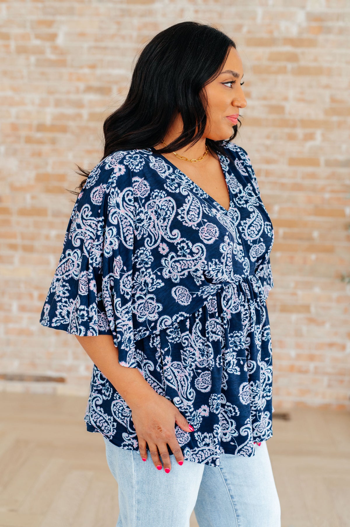 Hazel Blues® |  Dreamer Peplum Top in Navy and Pink Paisley