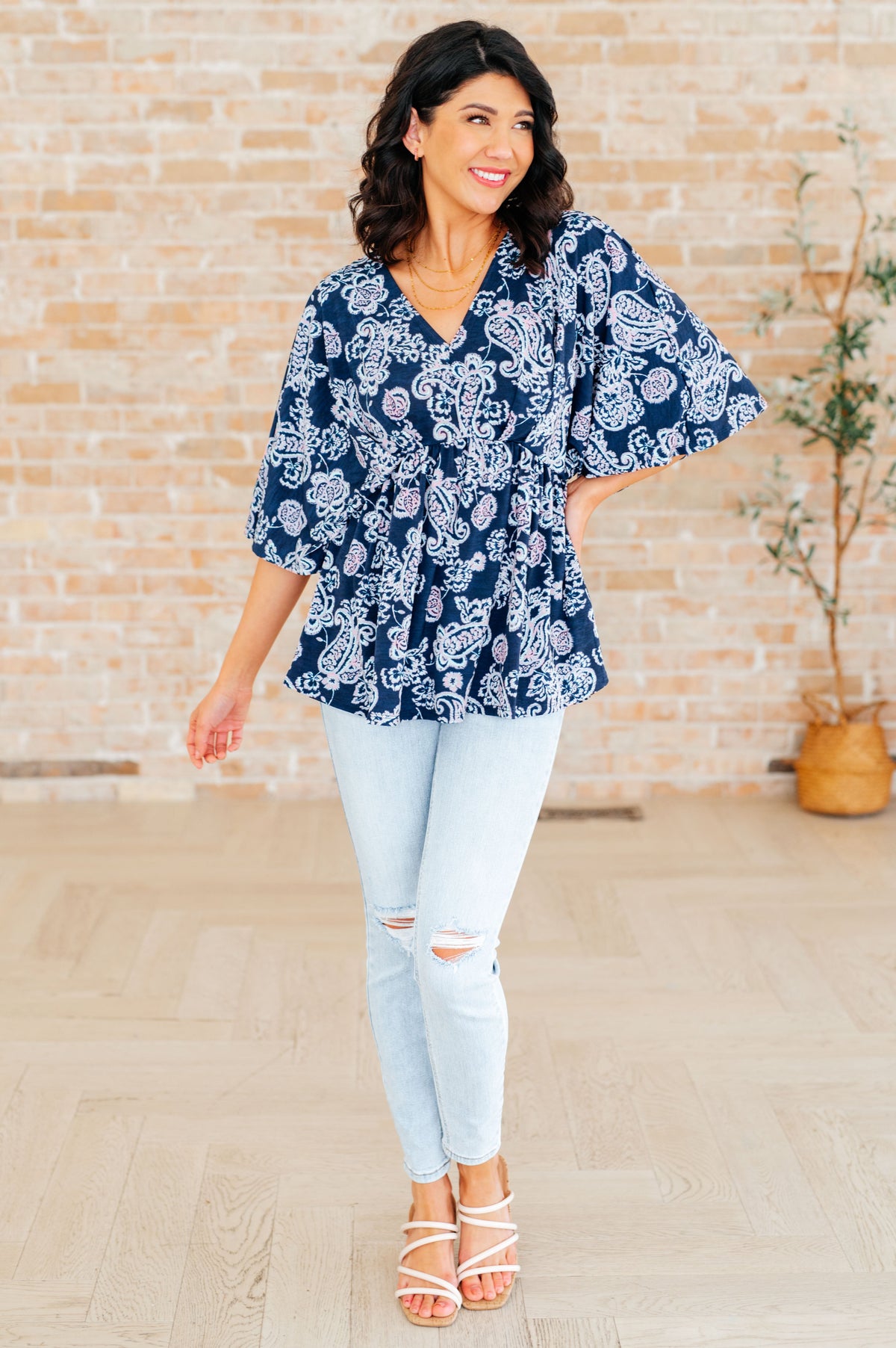 Hazel Blues® |  Dreamer Peplum Top in Navy and Pink Paisley