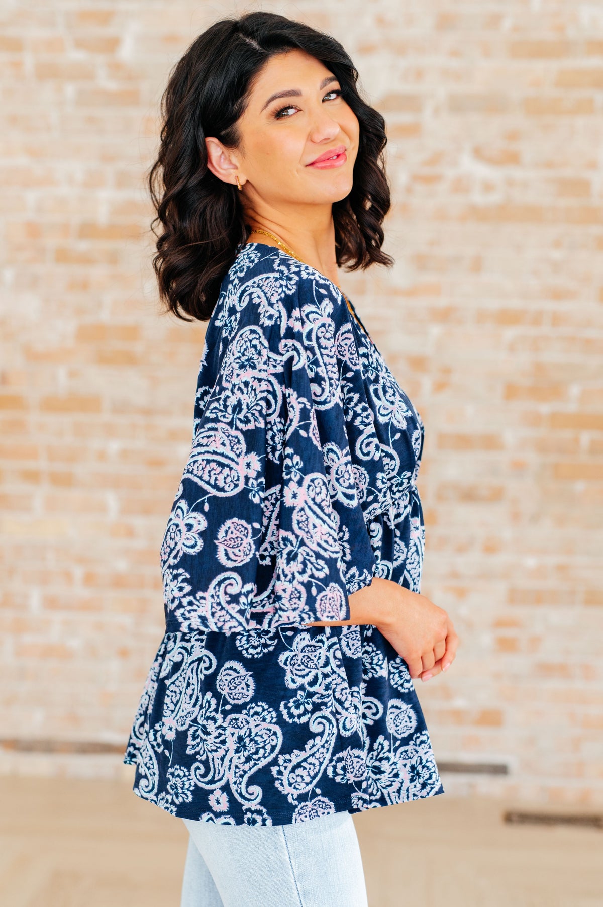 Hazel Blues® |  Dreamer Peplum Top in Navy and Pink Paisley