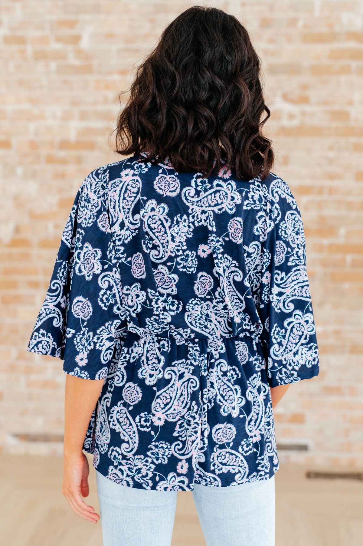 Hazel Blues® |  Dreamer Peplum Top in Navy and Pink Paisley