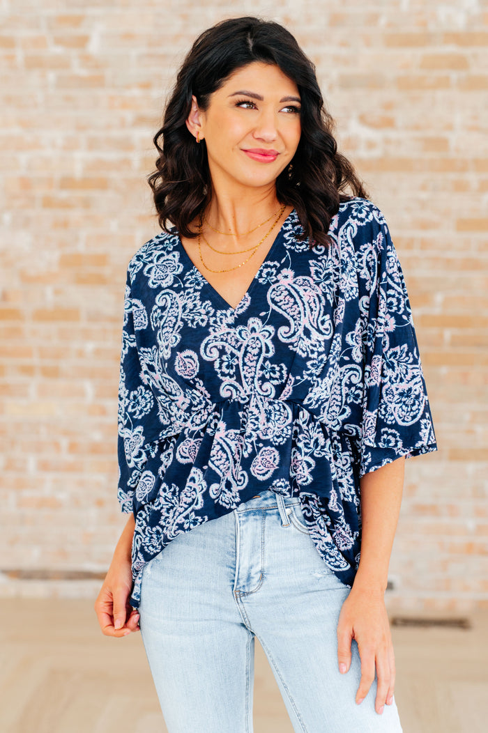 Hazel Blues® |  Dreamer Peplum Top in Navy and Pink Paisley