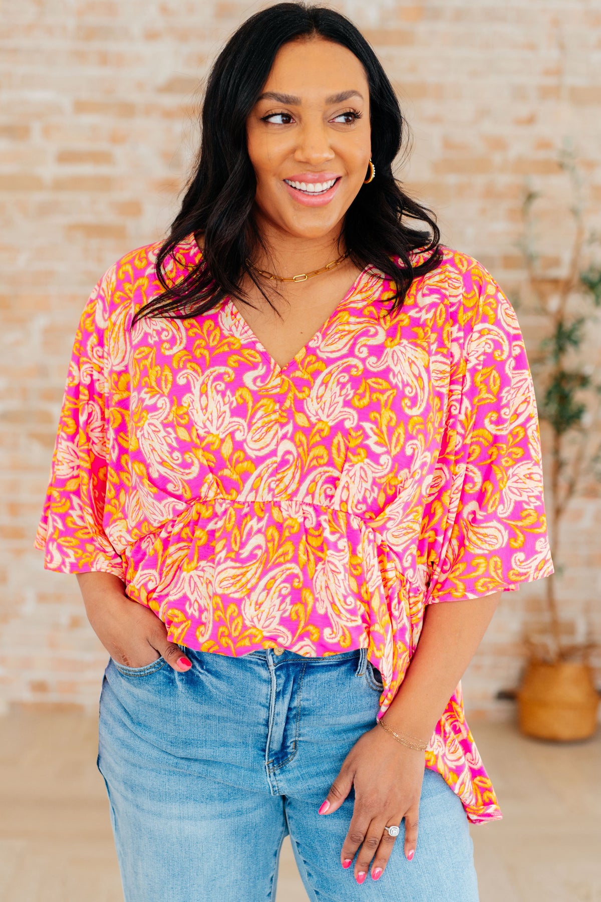 Hazel Blues® |  Dreamer Peplum Top in Pink Filigree