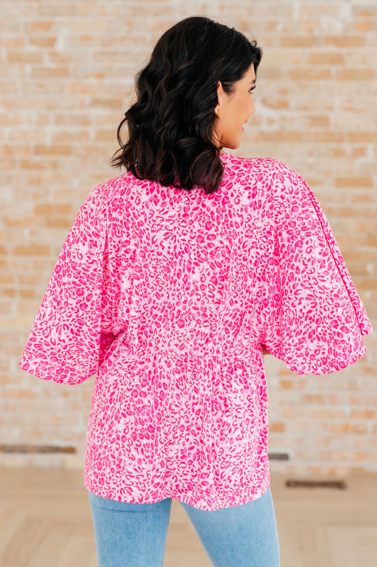 Hazel Blues® |  Dreamer Peplum Top in Pink Leopard