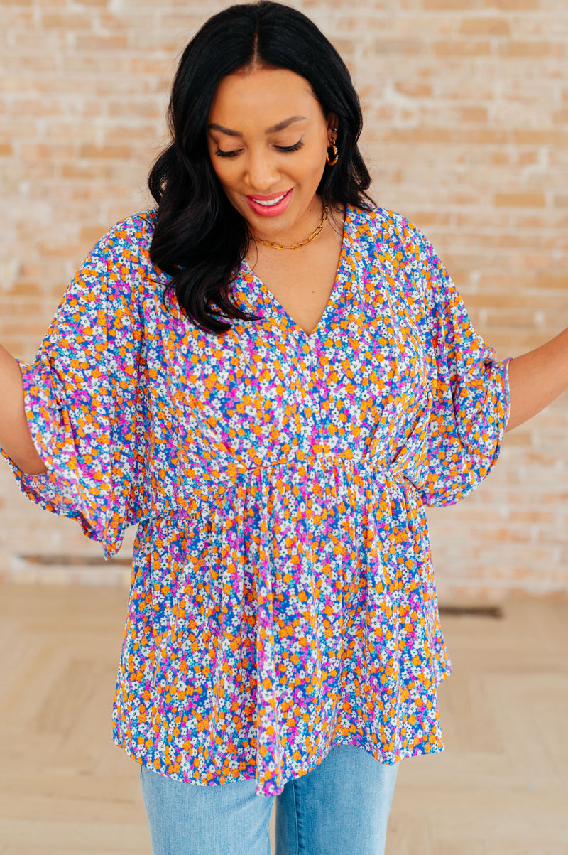 Hazel Blues® |  Dreamer Peplum Top in Purple Retro Ditsy Floral