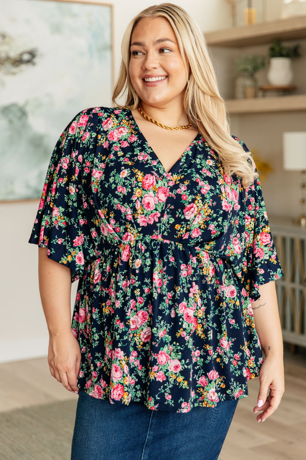 Hazel Blues® |  Dreamer Top in Navy and Pink Vintage Bouquet