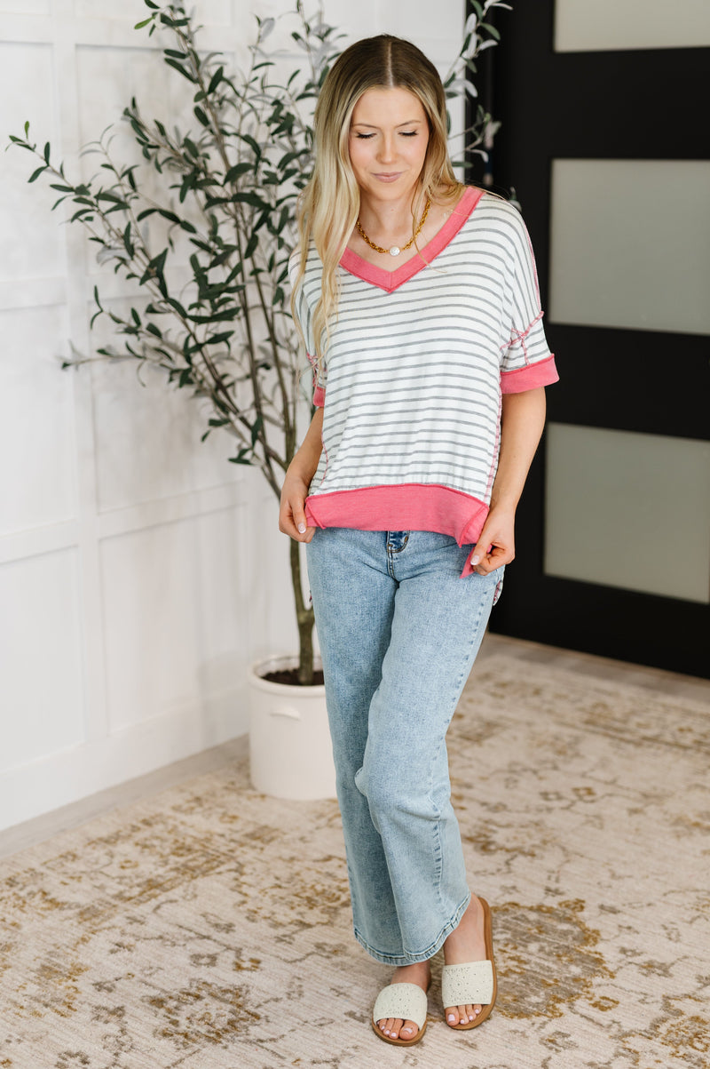 Hazel Blues® |  Dressed to Chill V-Neck Top in Heather/Grey/Ivory/Pink