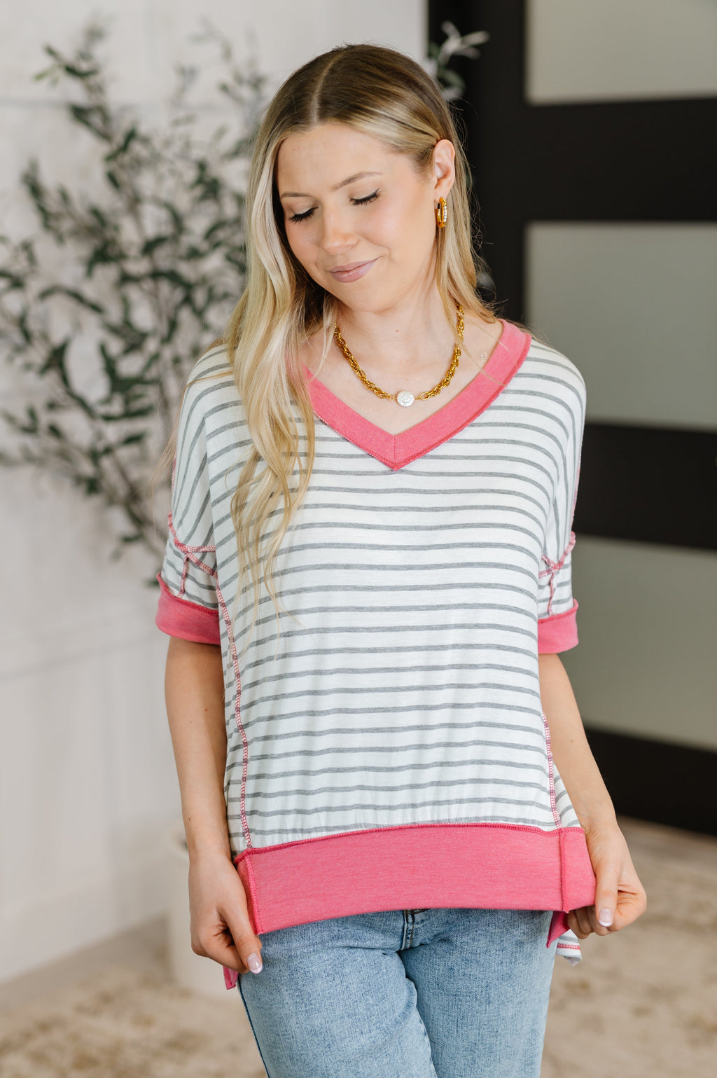 Hazel Blues® |  Dressed to Chill V-Neck Top in Heather/Grey/Ivory/Pink
