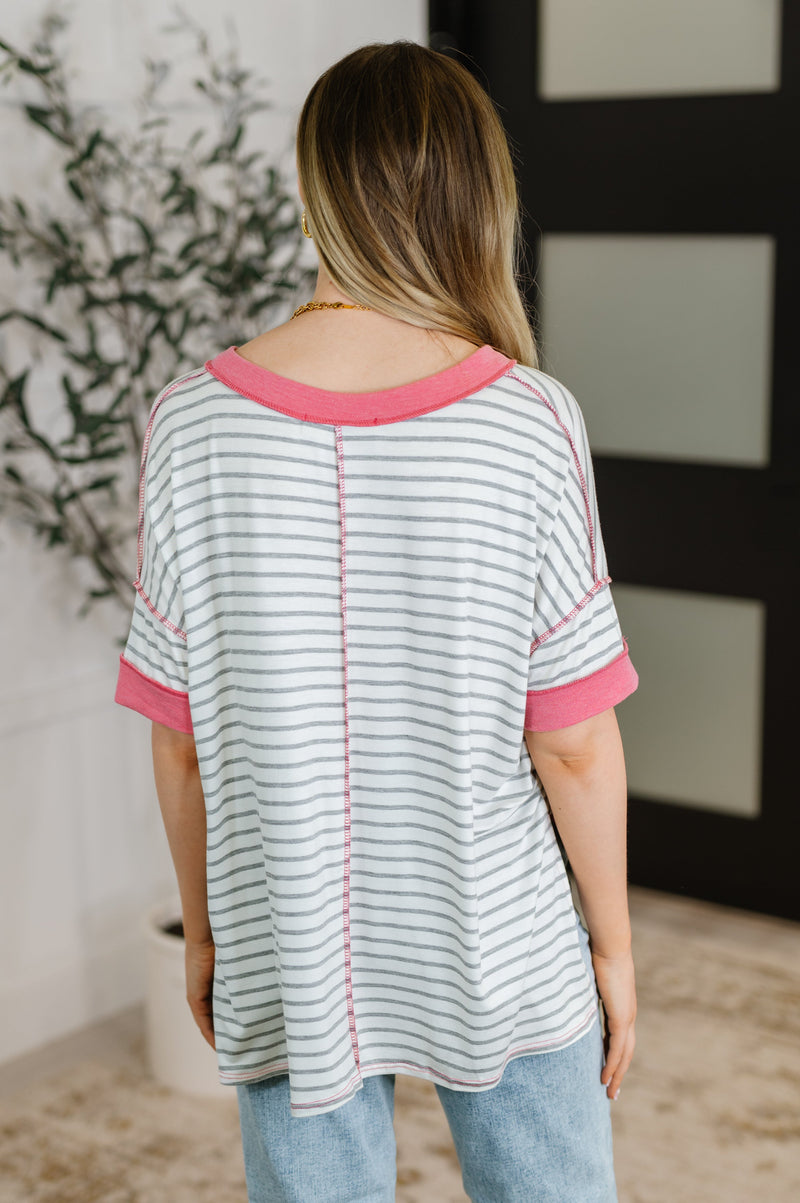 Hazel Blues® |  Dressed to Chill V-Neck Top in Heather/Grey/Ivory/Pink