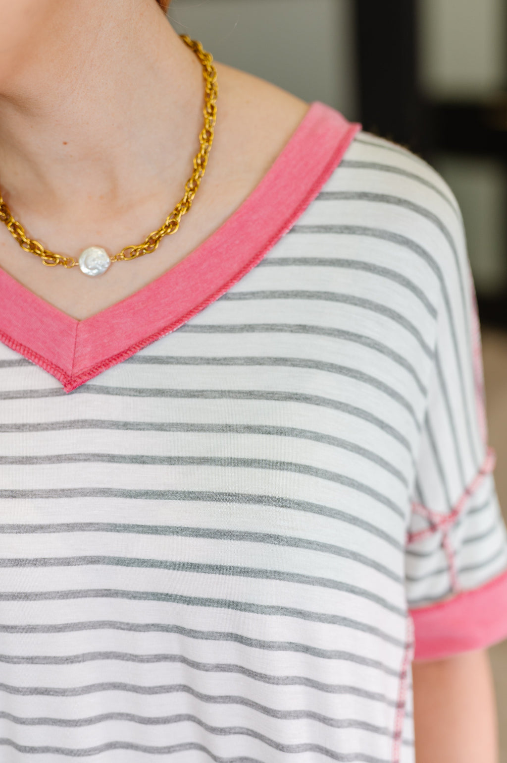 Hazel Blues® |  Dressed to Chill V-Neck Top in Heather/Grey/Ivory/Pink