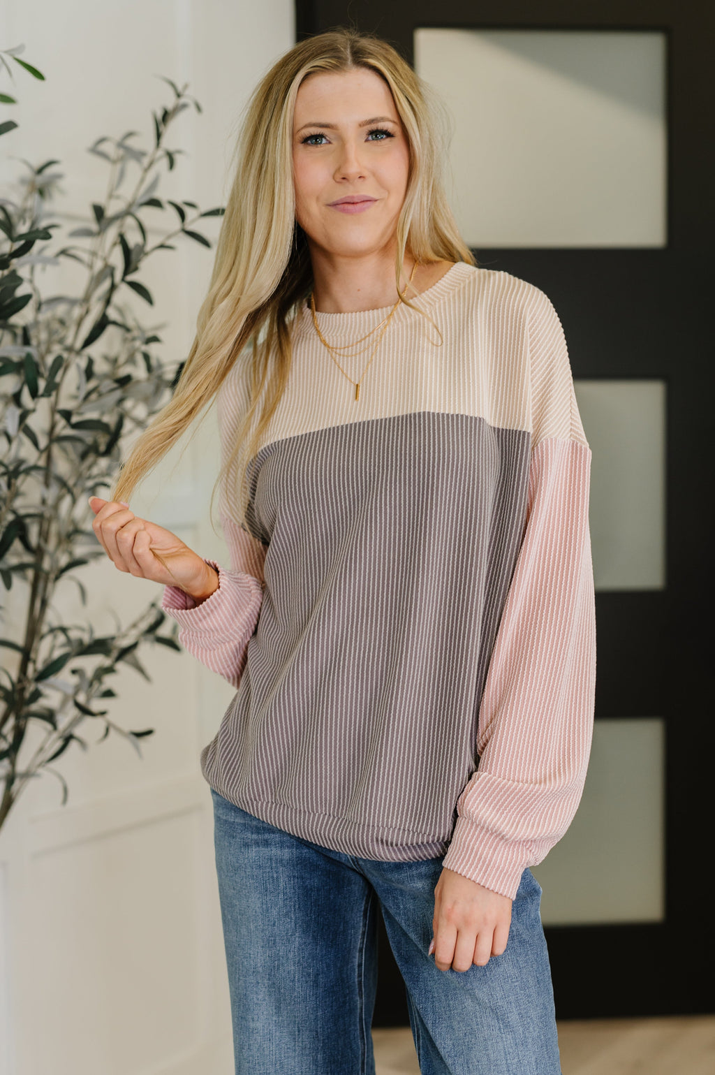 Hazel Blues® |  Dual Tones Cable Ribbed Knit Sweater