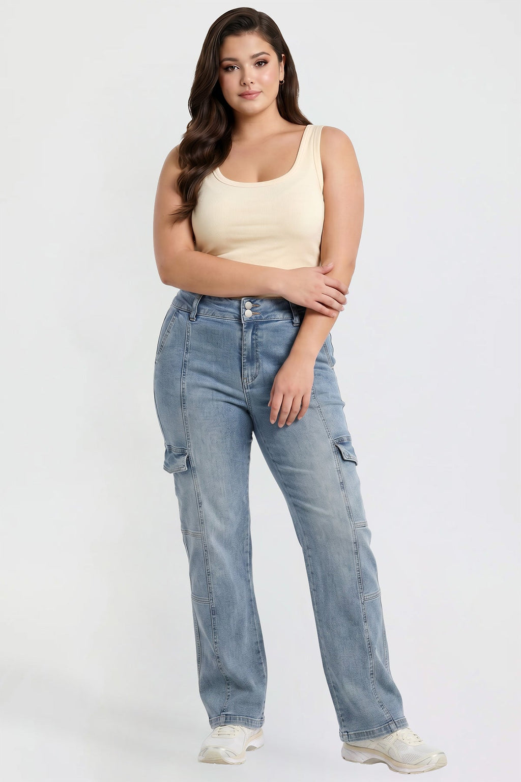 Plus High Rise Elastic Waist Straight Cargo