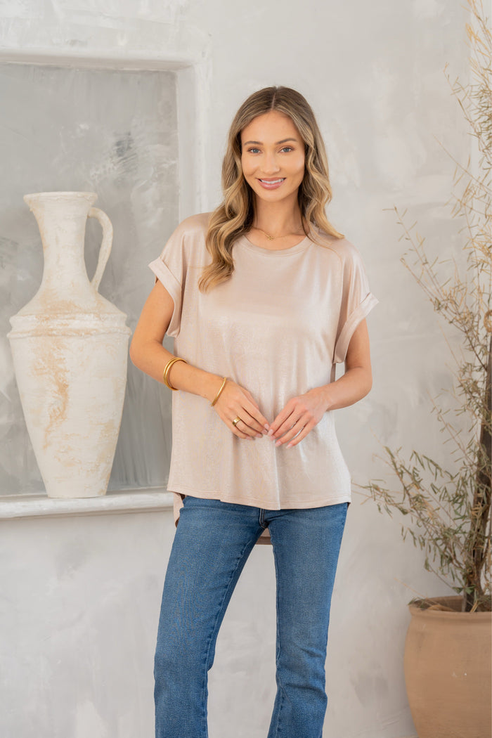 Hazel Blues® |  Shimmer Cuffed Top in Taupe