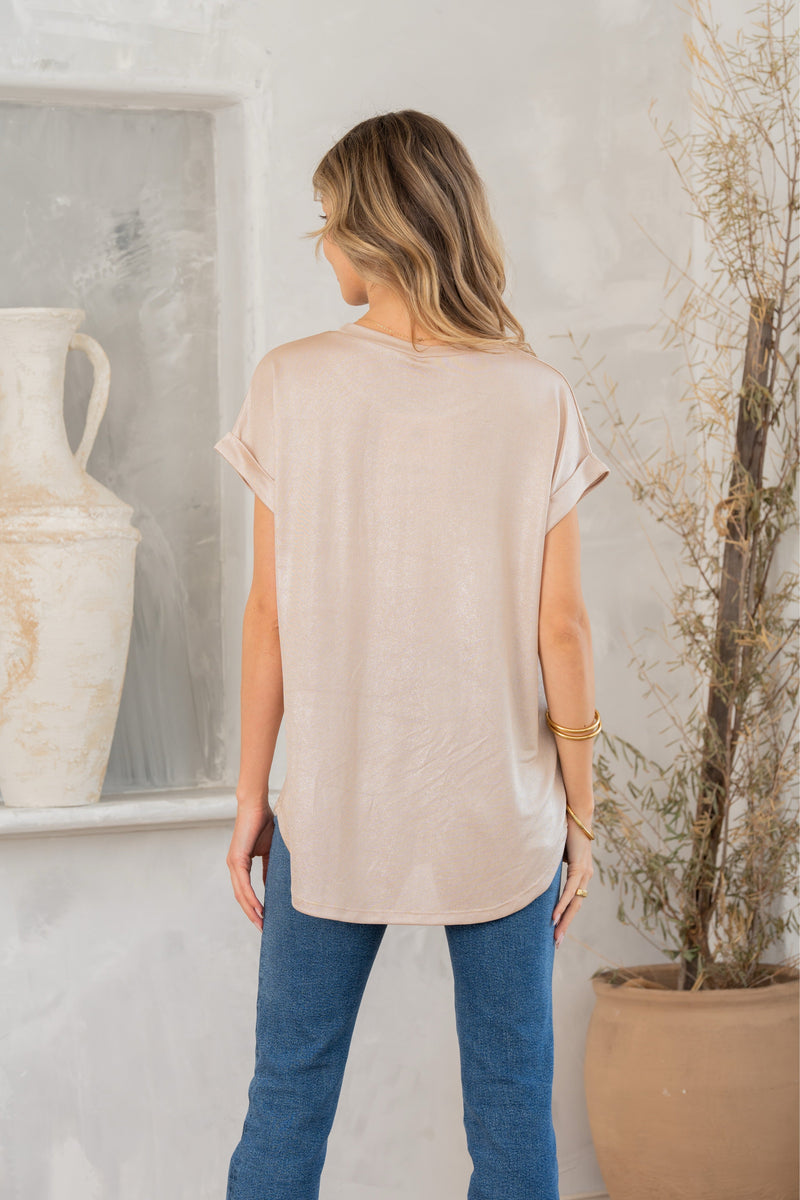 Hazel Blues® |  Shimmer Cuffed Top in Taupe