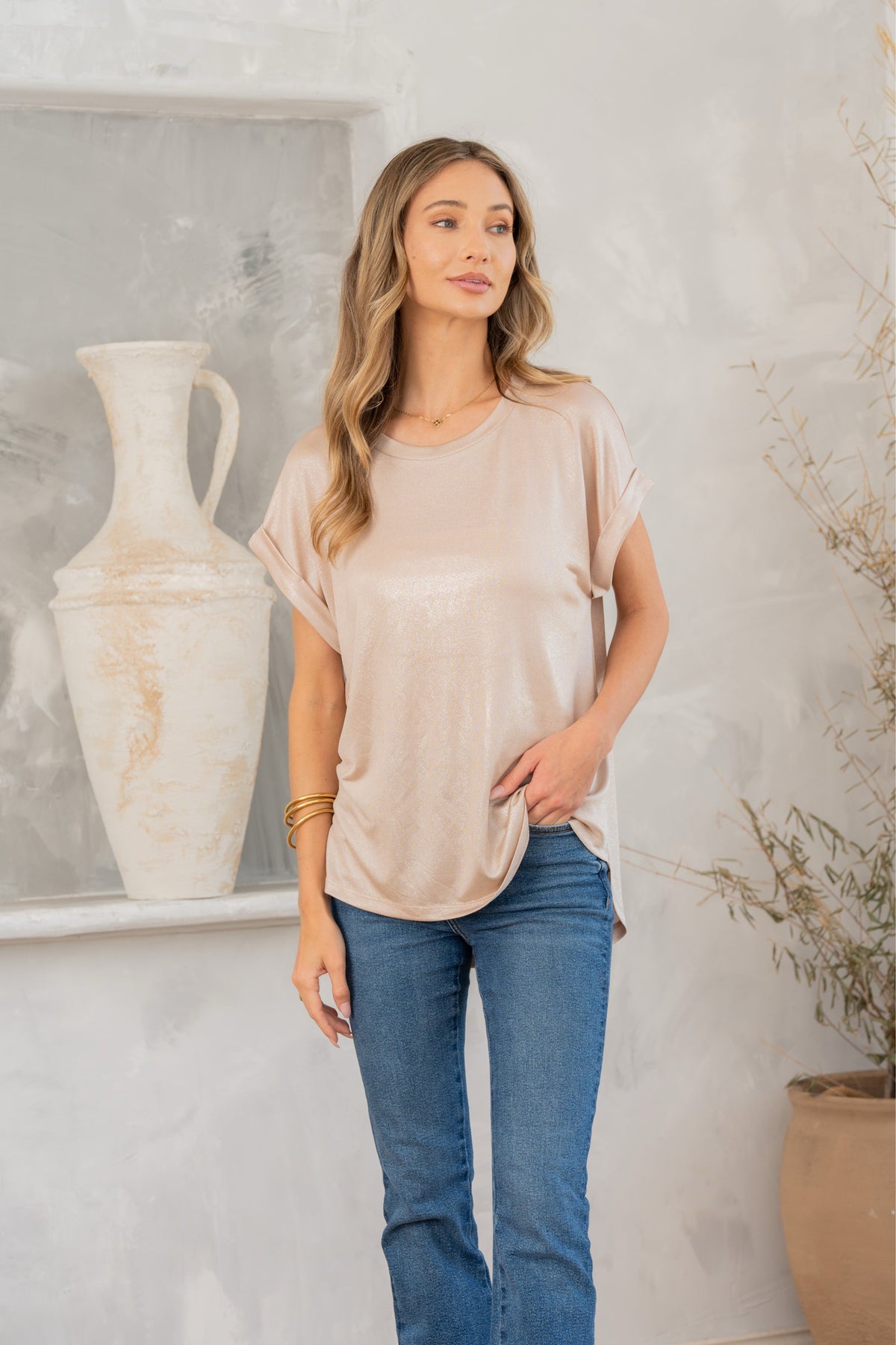 Hazel Blues® |  Shimmer Cuffed Top in Taupe