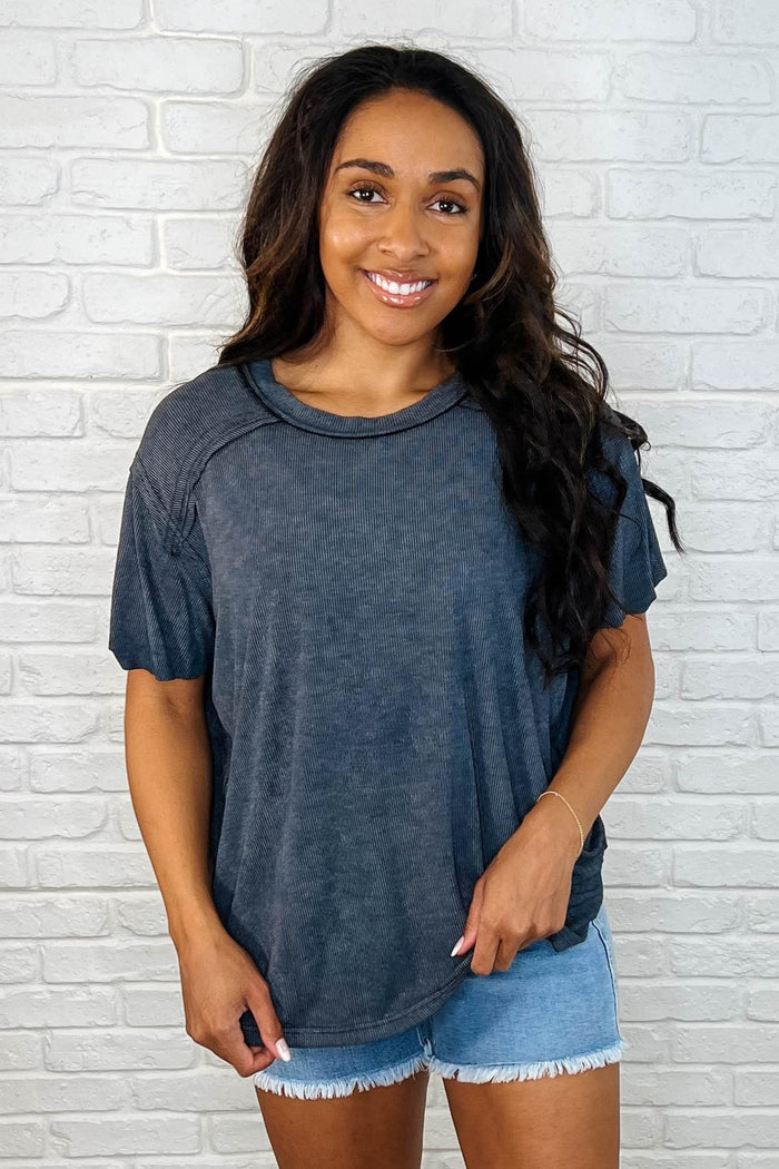 Hazel Blues® |  Easy Style Basic Mineral Wash Top in Ash Black