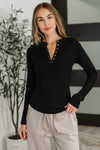 Hazel Blues® |  Effortless Edge Knit Henley Top in Black