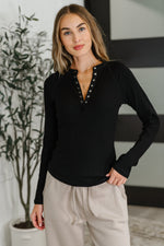 Hazel Blues® |  Effortless Edge Knit Henley Top in Black