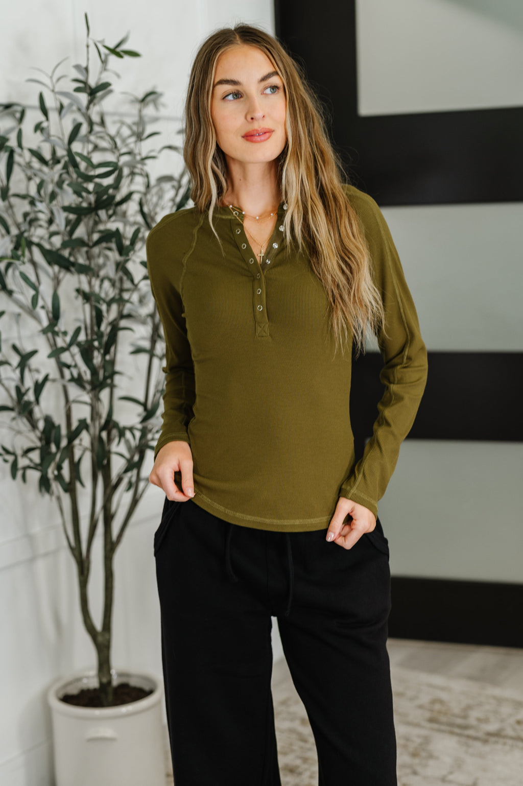 Hazel Blues® |  Effortless Edge Knit Henley Top in Camo Green