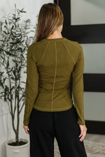 Hazel Blues® |  Effortless Edge Knit Henley Top in Camo Green