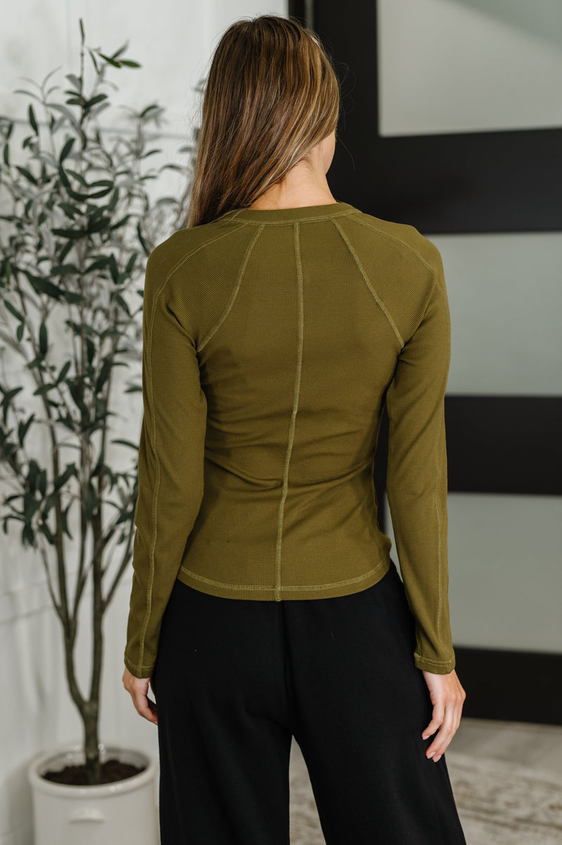 Hazel Blues® |  Effortless Edge Knit Henley Top in Camo Green