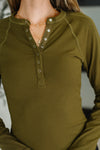 Hazel Blues® |  Effortless Edge Knit Henley Top in Camo Green