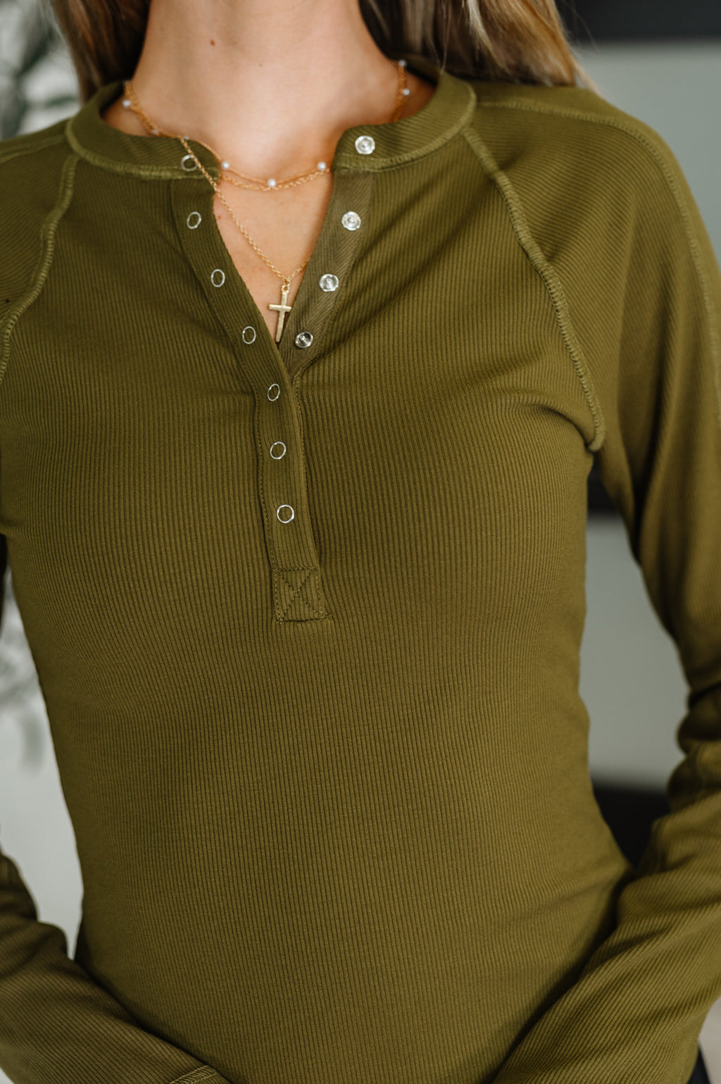 Hazel Blues® |  Effortless Edge Knit Henley Top in Camo Green