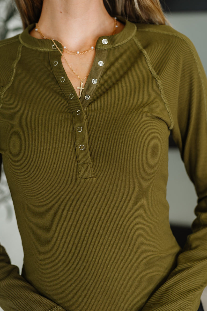 Hazel Blues® |  Effortless Edge Knit Henley Top in Camo Green
