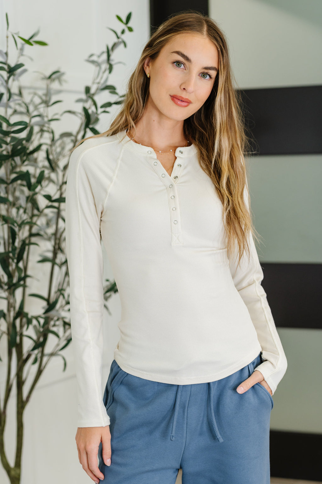 Hazel Blues® |  Effortless Edge Knit Henley Top in Natural