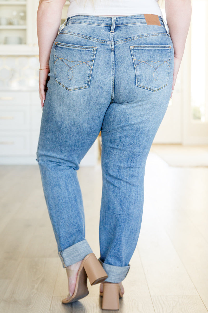 Hazel Blues® |  Elodie Mid Rise Distressed Boyfriend Jeans