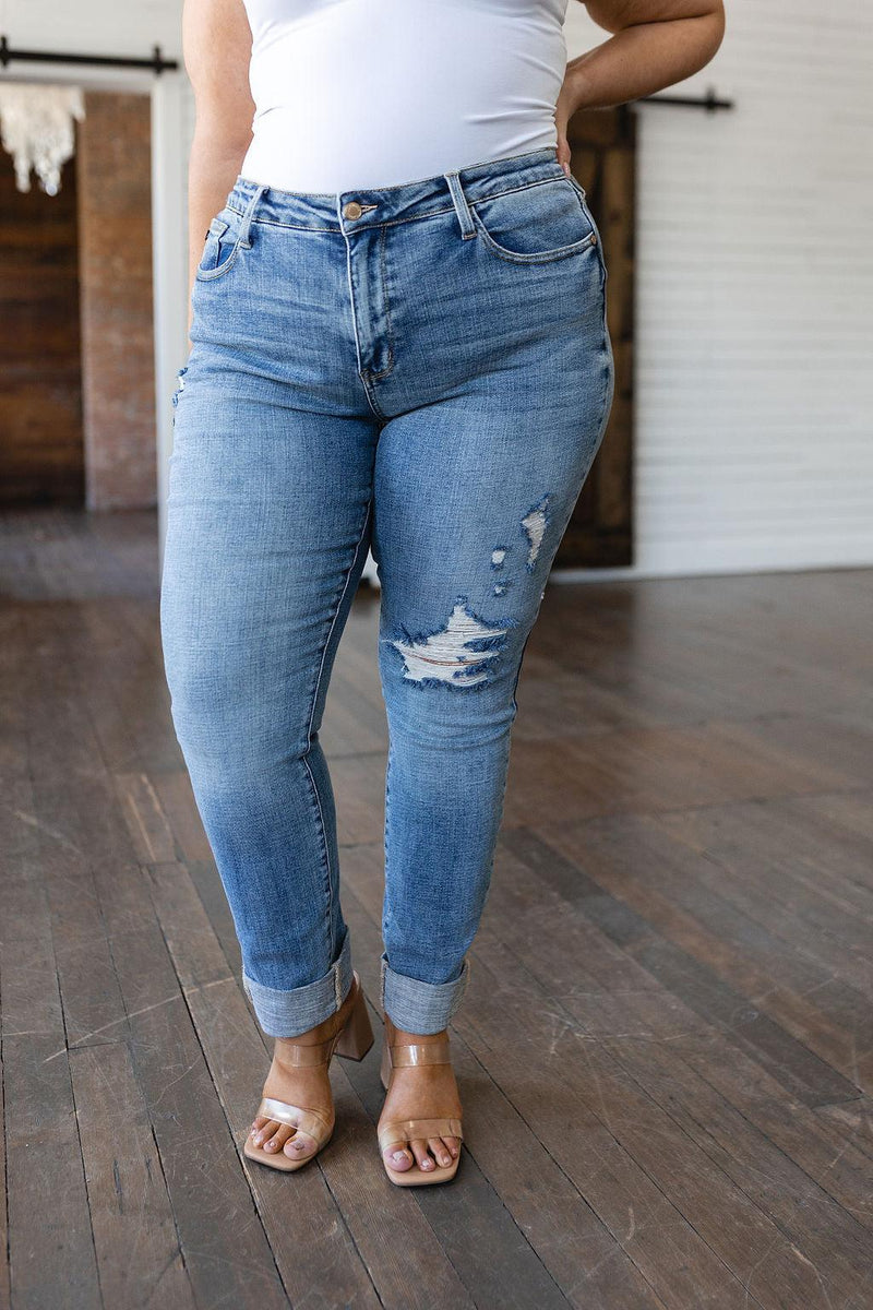 Hazel Blues® | Elodie Mid Rise Distressed Boyfriend Jeans - Hazel Blues®