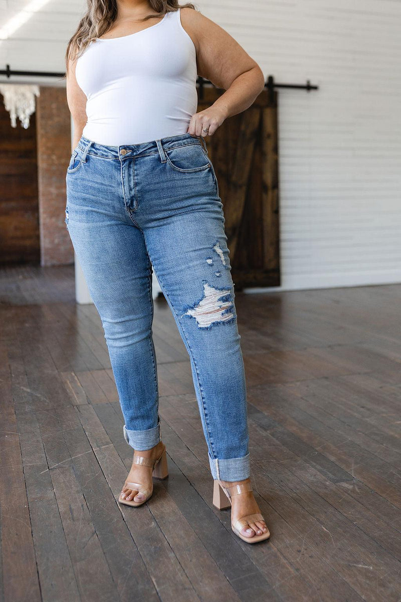 Hazel Blues® | Elodie Mid Rise Distressed Boyfriend Jeans - Hazel Blues®