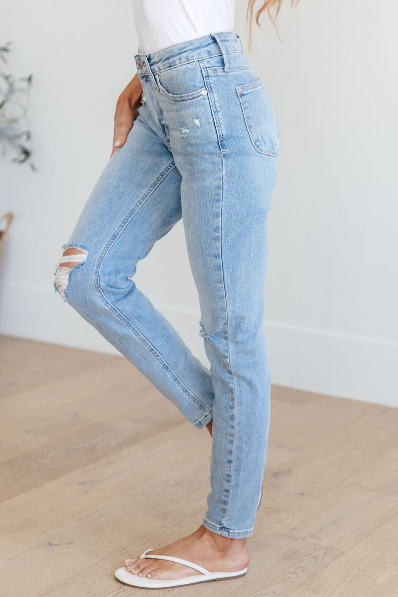 Hazel Blues® |  Eloise Mid Rise Control Top Distressed Skinny Jeans