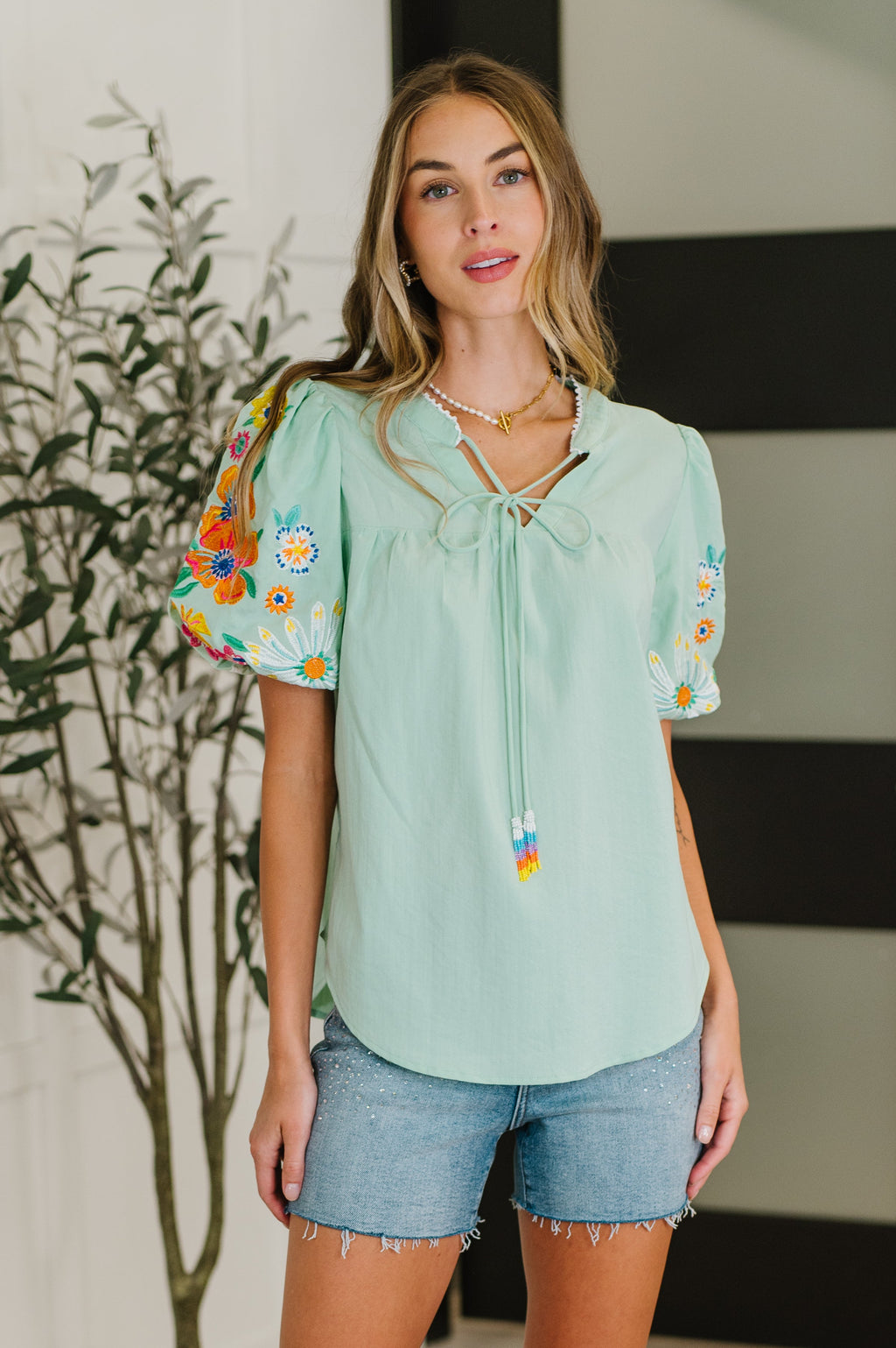 Hazel Blues® |  PREORDER: Embroidered Puff Sleeve V-Neck Blouse in Aqua