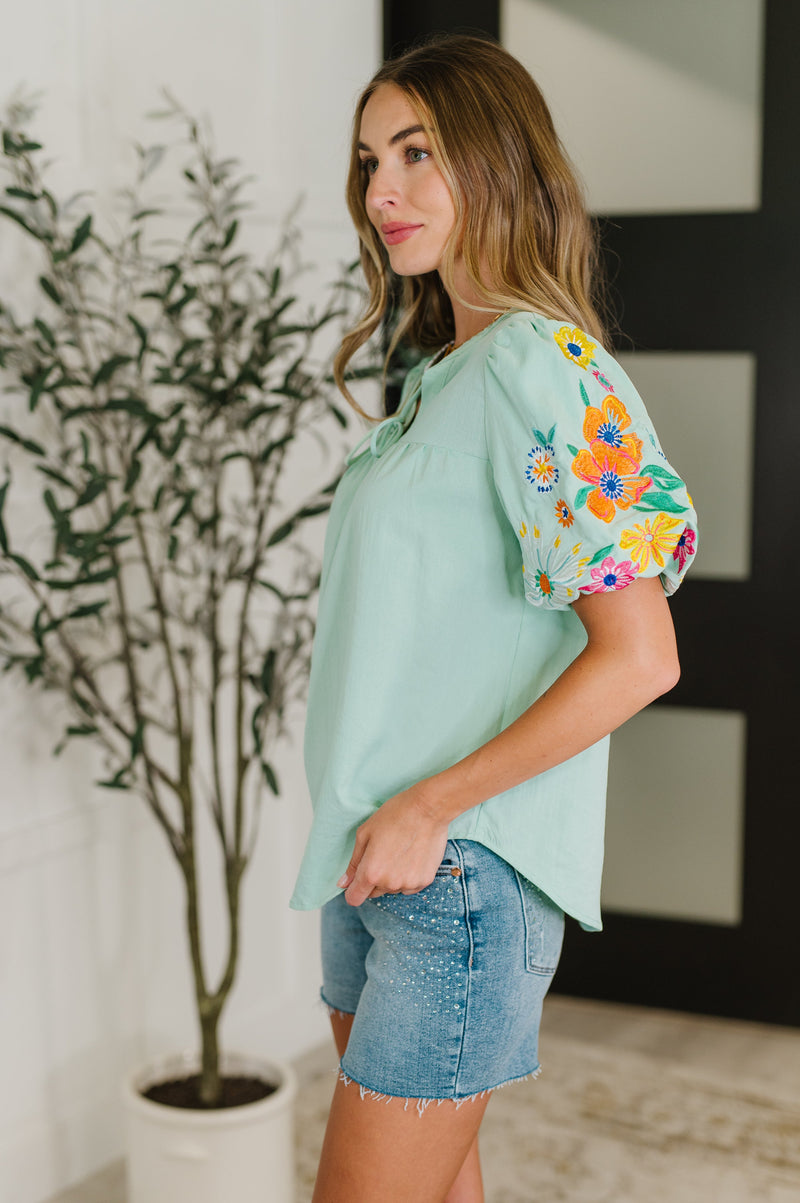 Hazel Blues® |  PREORDER: Embroidered Puff Sleeve V-Neck Blouse in Aqua