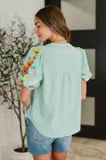 Hazel Blues® |  PREORDER: Embroidered Puff Sleeve V-Neck Blouse in Aqua