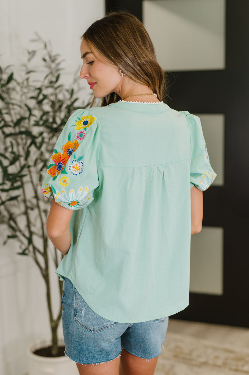 Hazel Blues® |  PREORDER: Embroidered Puff Sleeve V-Neck Blouse in Aqua