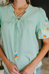 Hazel Blues® |  PREORDER: Embroidered Puff Sleeve V-Neck Blouse in Aqua